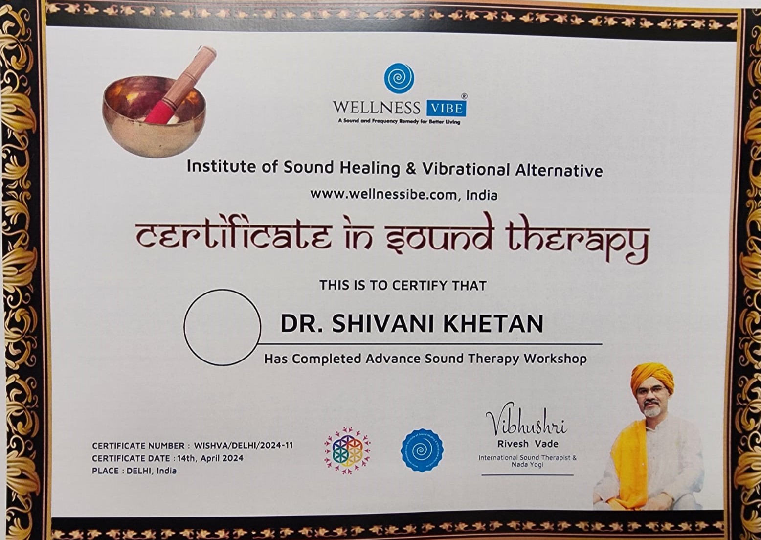 Certificate of Sound Therapy