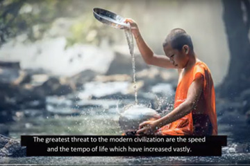 Young monk pouring water, reflecting on the pace of modern life.